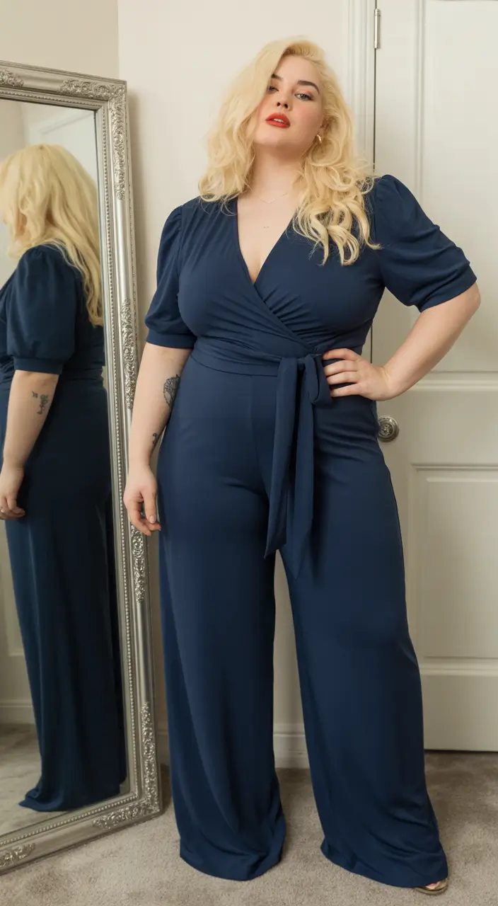 curvy outfits-Draped Navy Elegance With a Soft Tie Detail