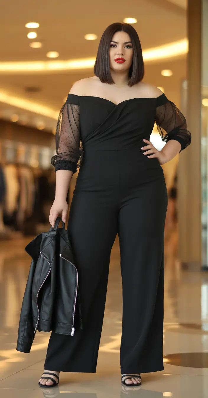 curvy outfits Sheer-Sleeve Evening Jumpsuit