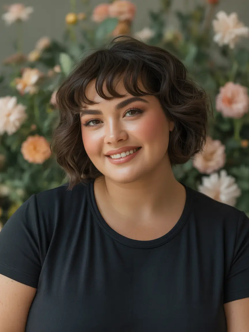 haircut for round face Curly Bob With Playful Rounded Fringe