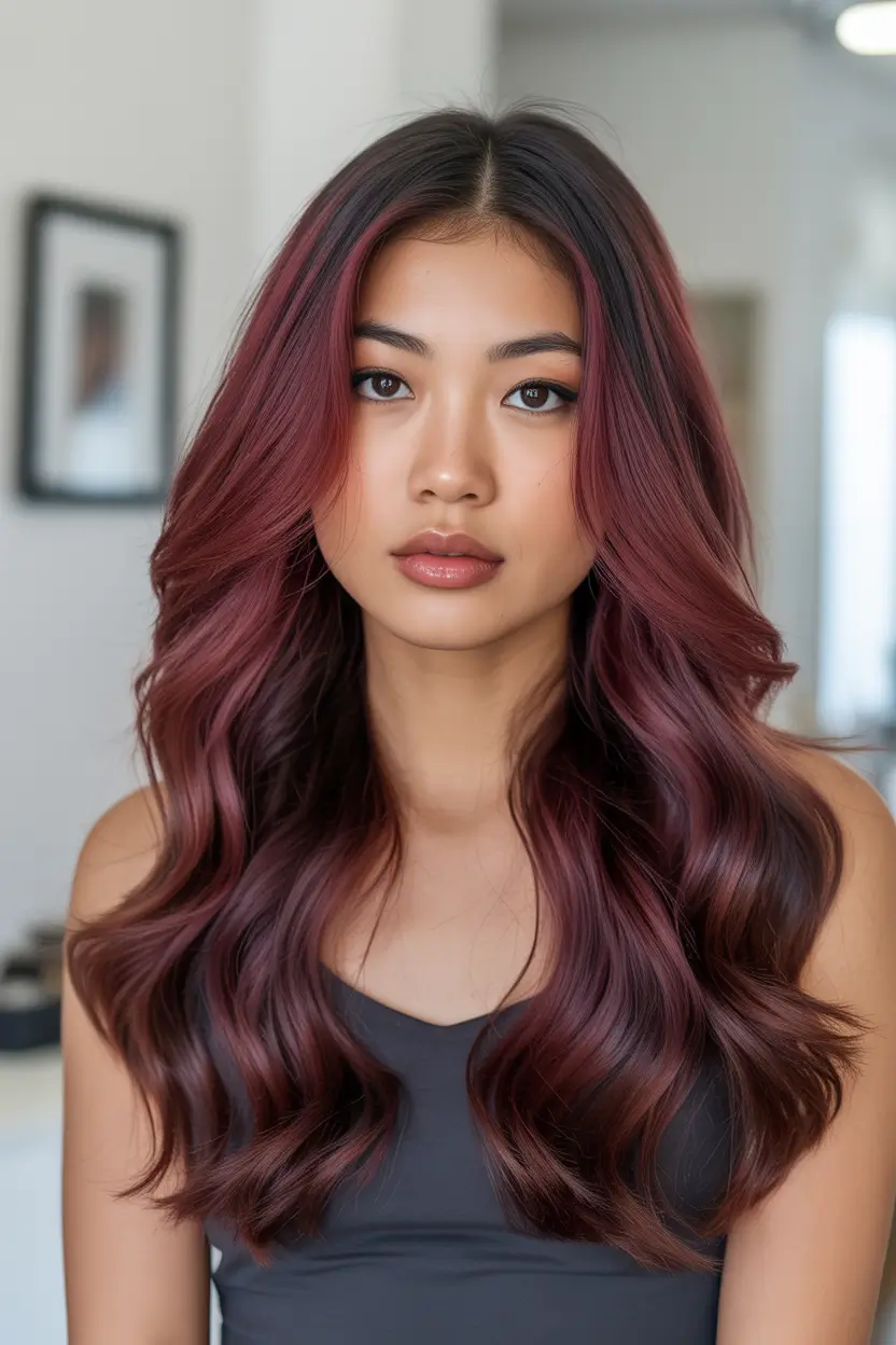 haircut for round face Long Burgundy Ribbon Waves With Soft Middle Part