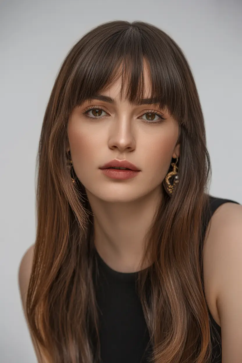 haircut for round face Chestnut Layers With Soft Straight Fringe