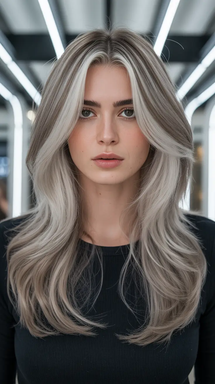haircut for round face Long Silver Layers With Soft Front Contouring
