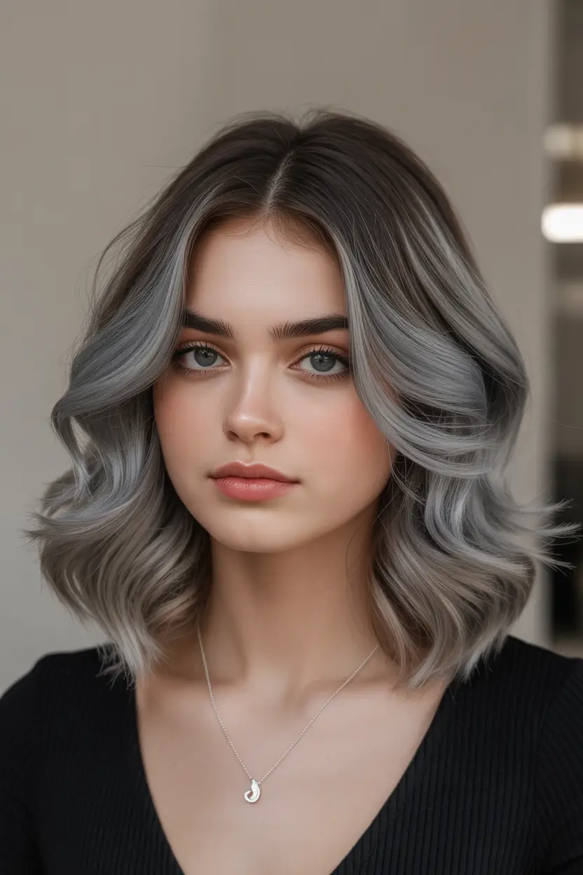 haircut for round face Silver-Gray Wavy Bob With Luminous Gradient