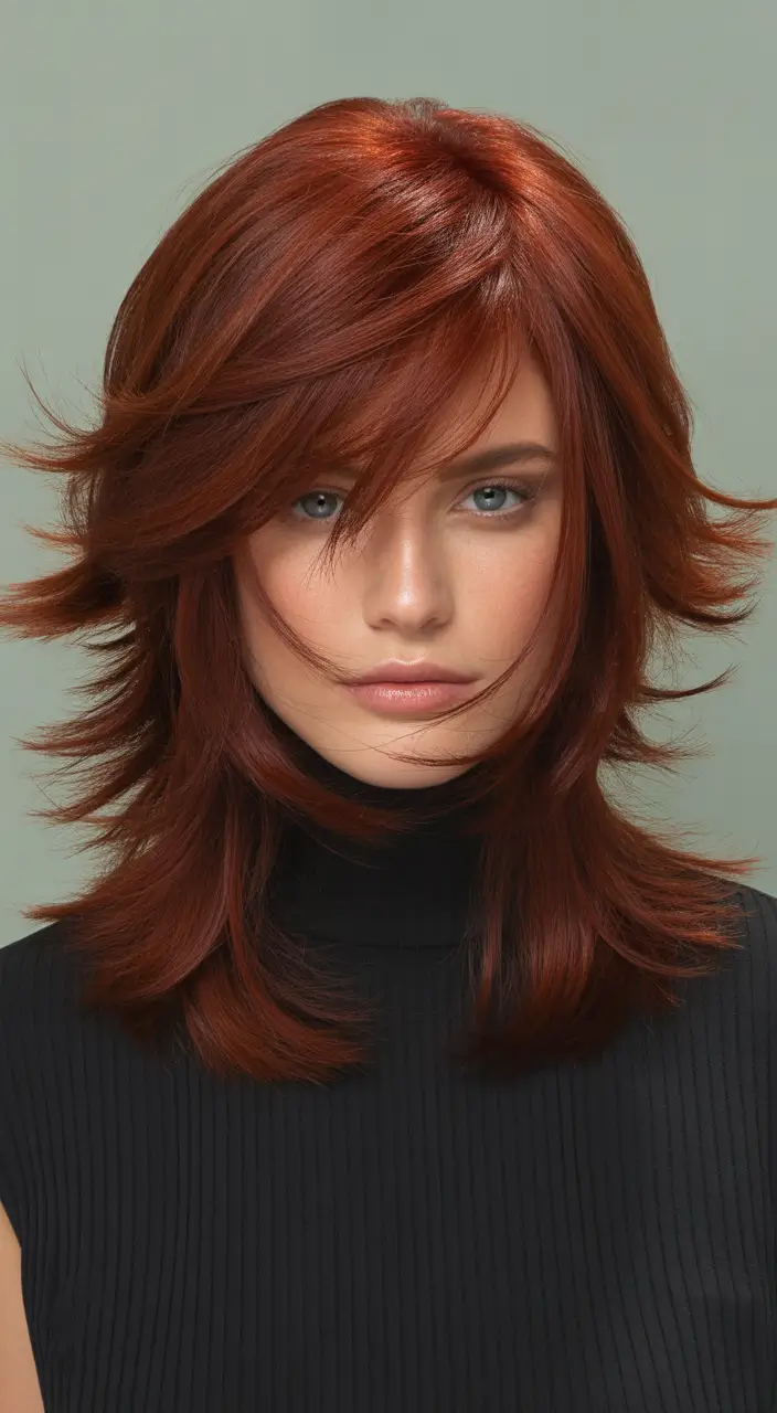 haircut for round face Layered Copper Shag With Windswept Ends