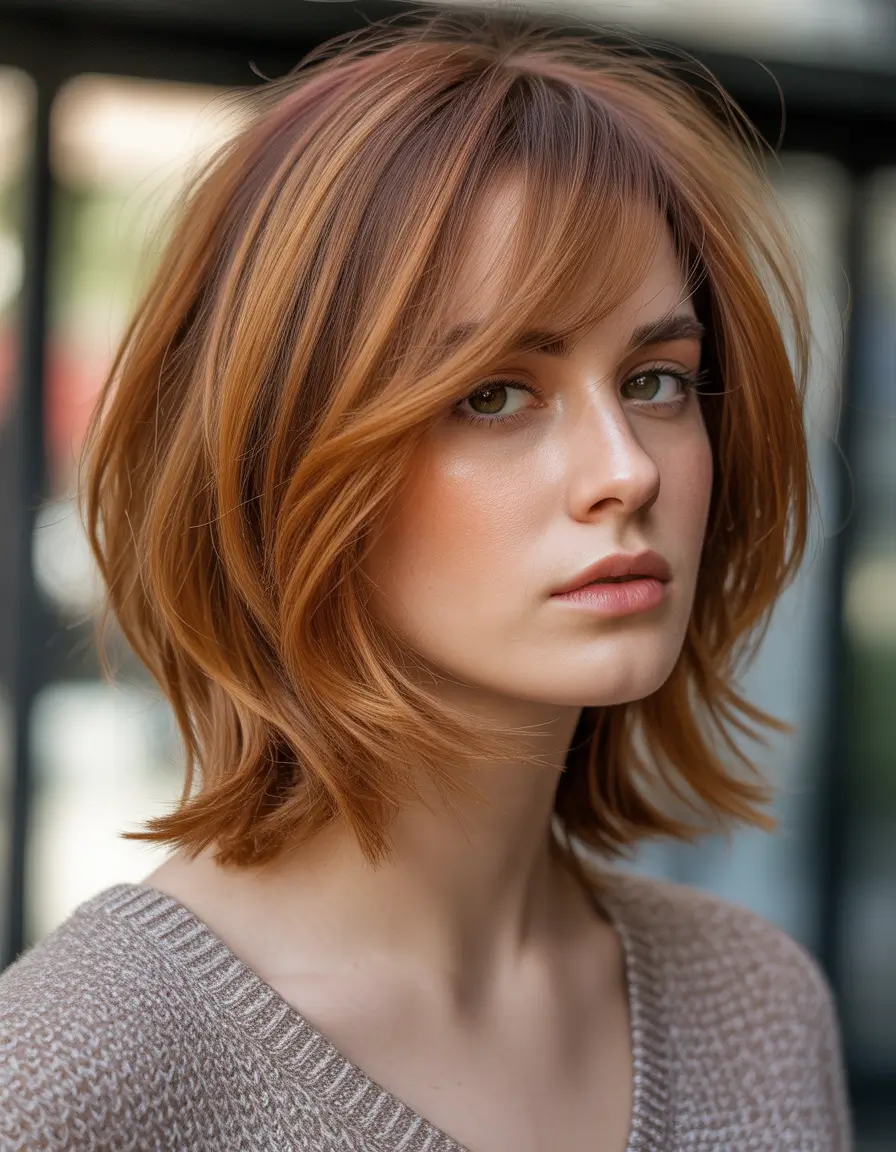 haircut for round face Warm Copper Bob With Soft Bangs