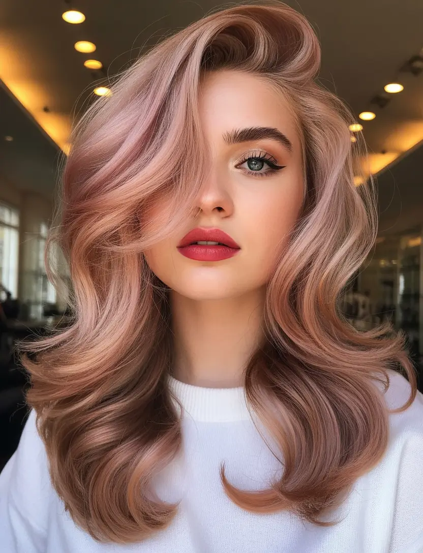haircut for round face Soft Rose Gold Waves With Luxe Volume