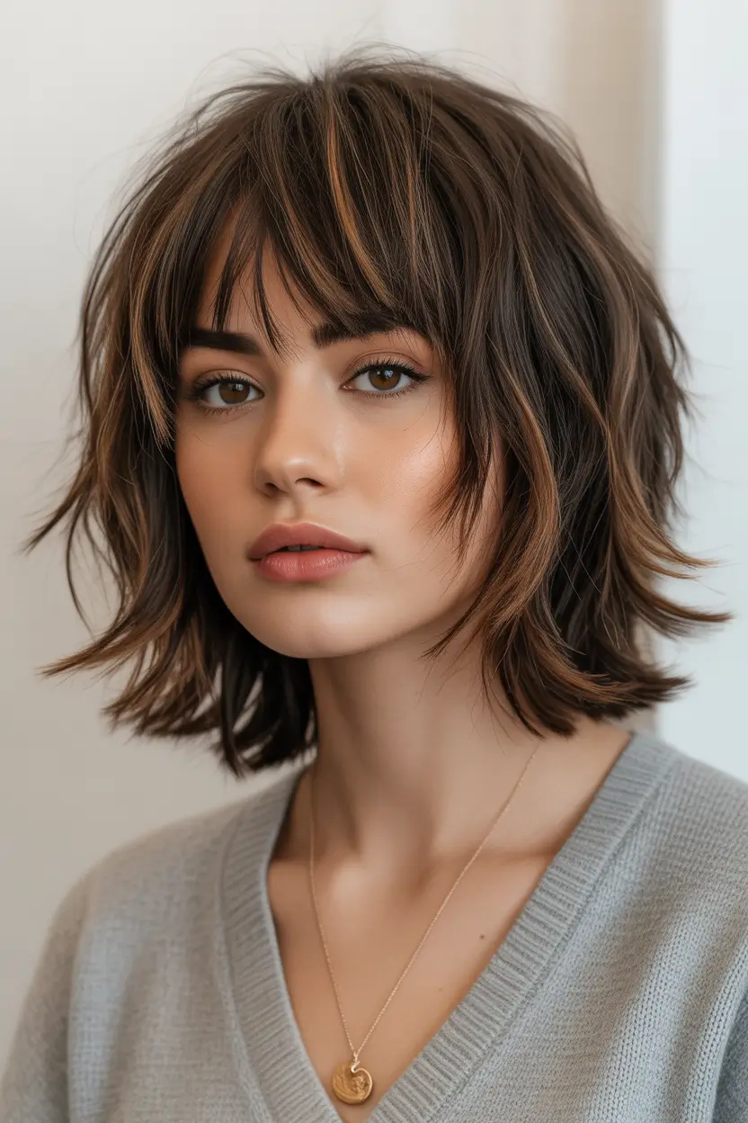 haircut for round face Feathered Medium Bob With Wispy Bangs