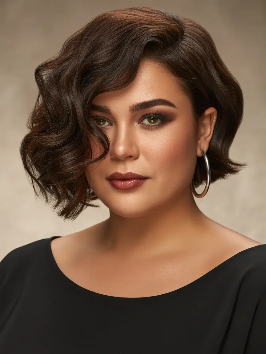 haircut for round face Side-Parted Curled Bob With Sculpted Waves