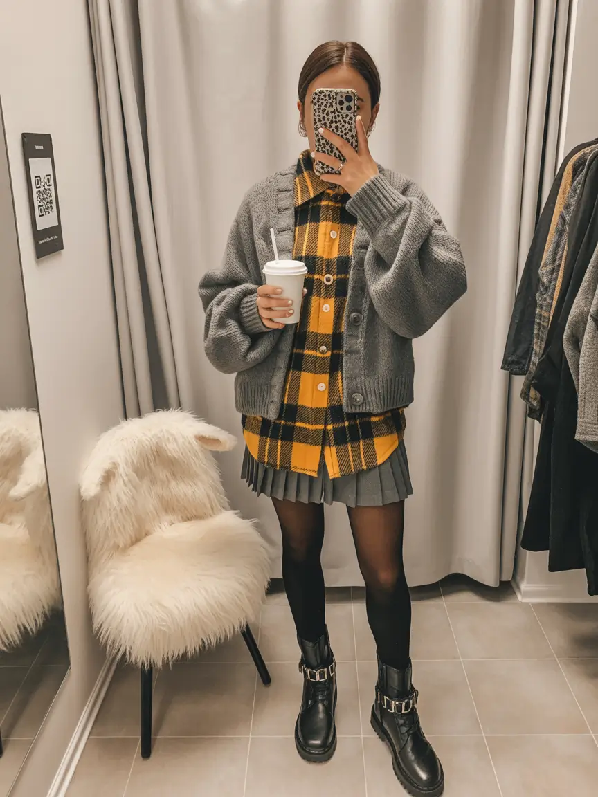 outfits layering Cozy Contrast in Mustard and Grey