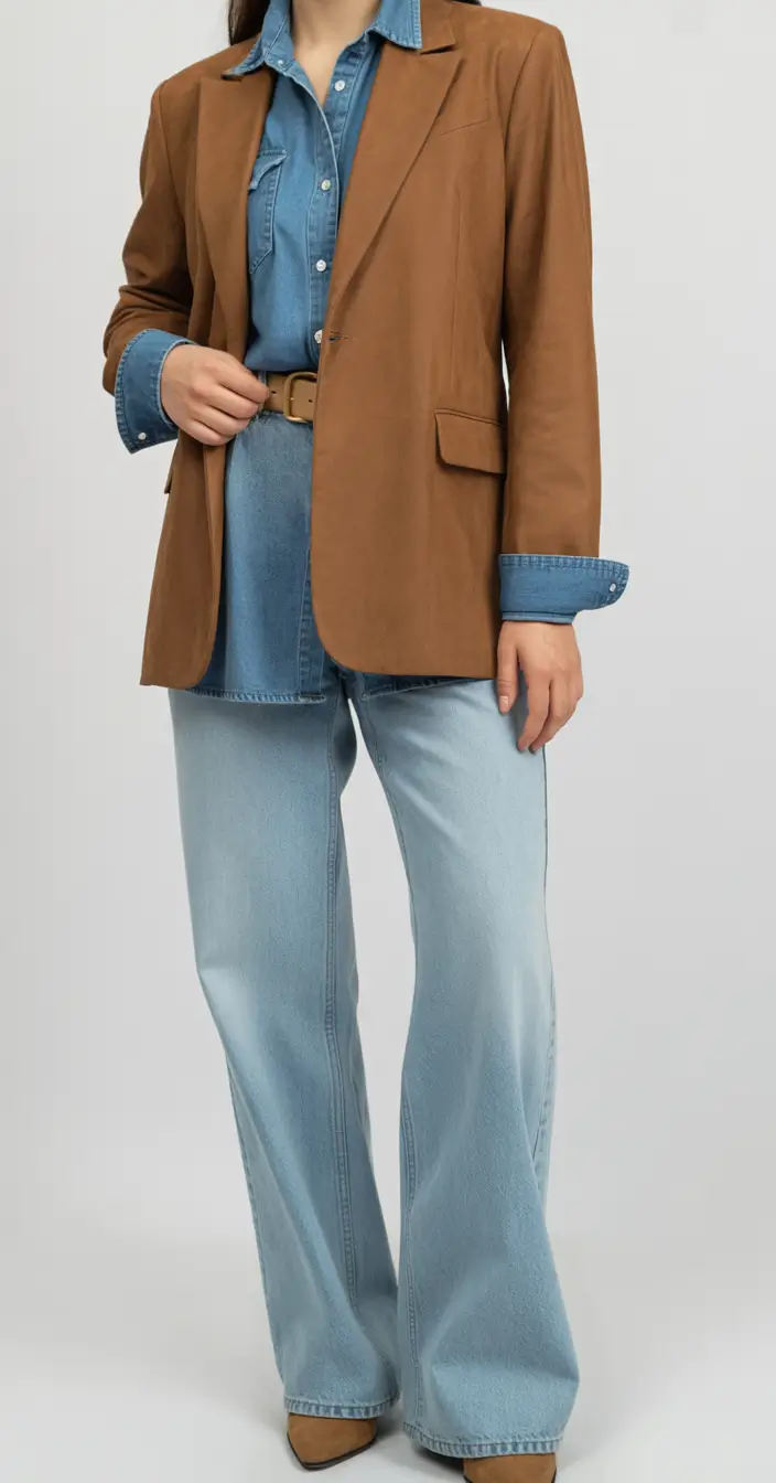 outfits layering Denim Harmony with a Touch of Caramel