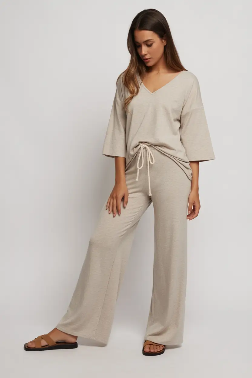 outfits lazy Loose Neutral Lounge Set With Relaxed Lines