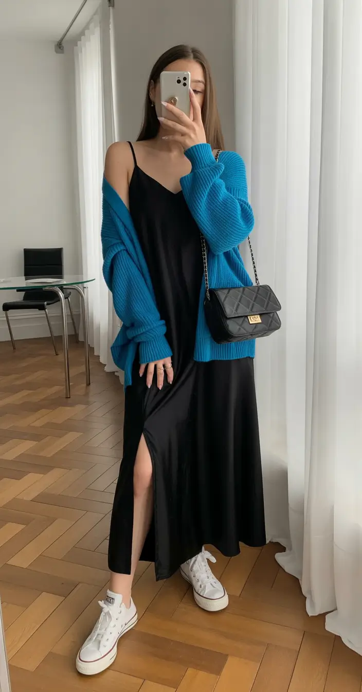 outfits lazy Black Slip Dress With a Pop of Cozy Color