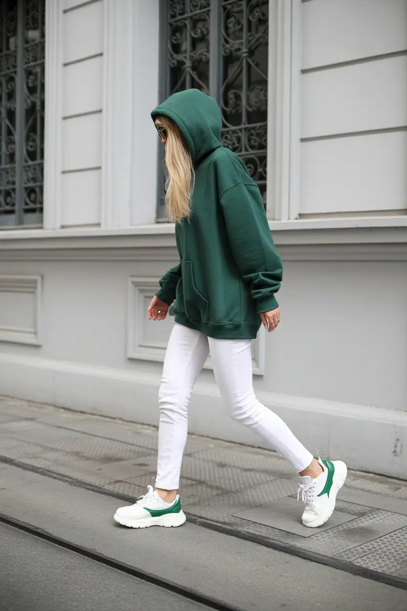 outfits lazy Forest Green Hoodie With Clean White Denim