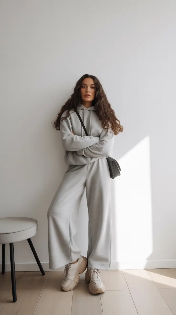 outfits lazy Soft Grey Hoodie Set With Wide Legs and Neutral Sneakers
