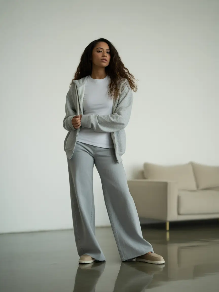 outfits lazy Light Grey Zip Hoodie With Relaxed Wide-Leg Pants