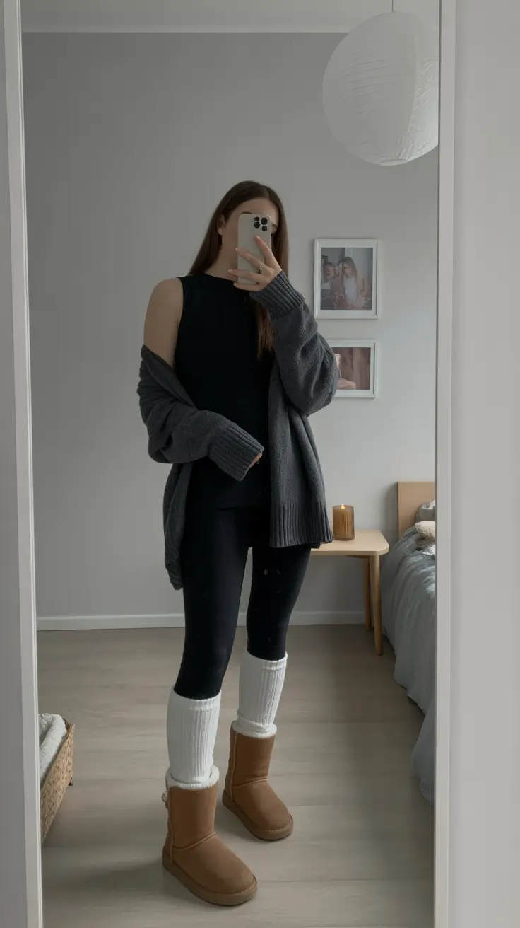 outfits lazy Warm Layers With Dark Basics and Cozy Boots