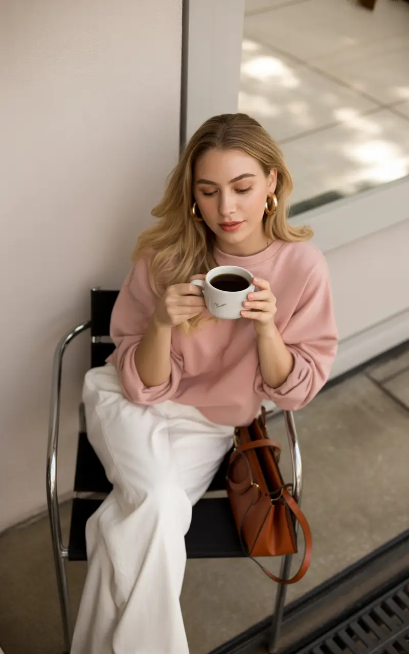 outfits lazy Soft Pink Sweater and Clean White Trousers