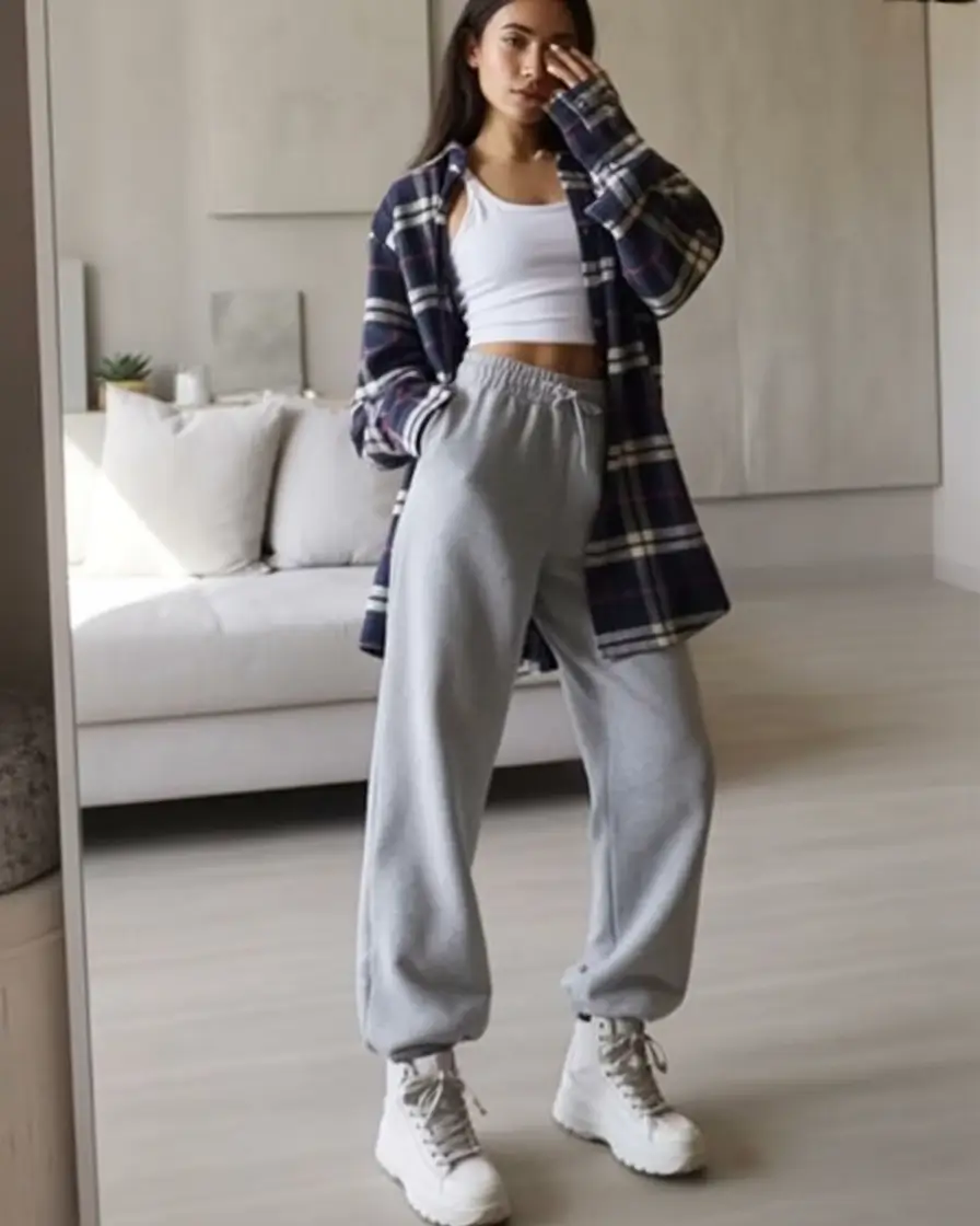 outfits lazy Effortless Plaid With Classic Sweatpants