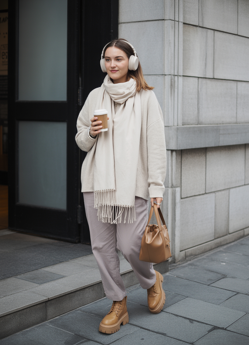 outfits lazy Neutral Softness With Accessories and Heavy Boots