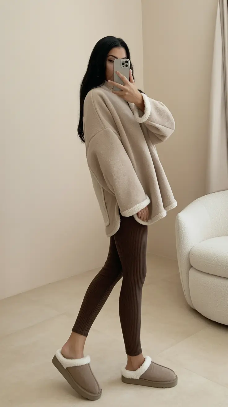 outfits lazy Oversized Teddy and Ribbed Leggings for Warmth