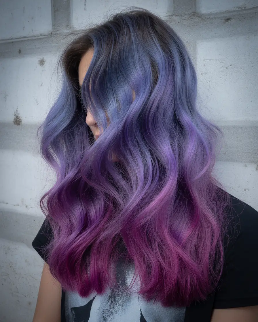 ombre hair color 2026 Blue Purple Pink Ombre Waves