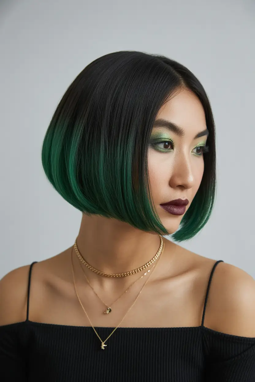 ombre hair color 2026 Sleek Emerald Bob