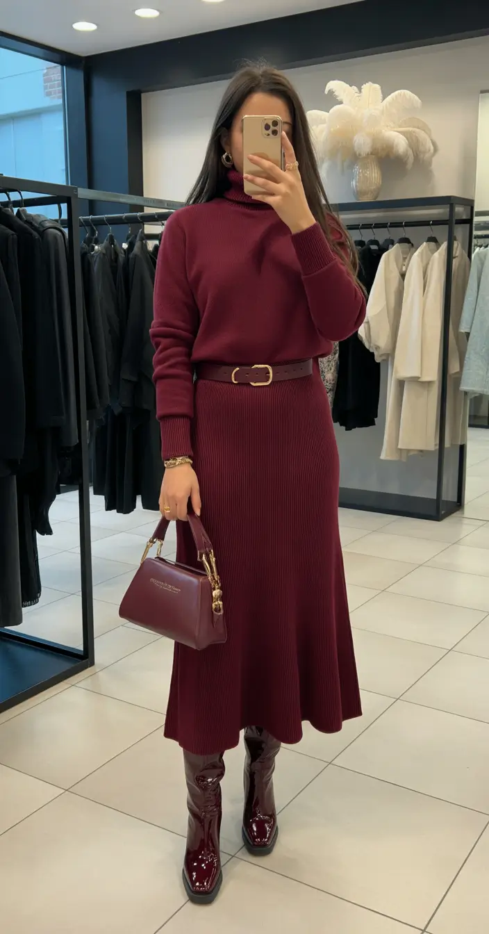 outfits ideas Monochrome Majesty Burgundy Knit Perfection