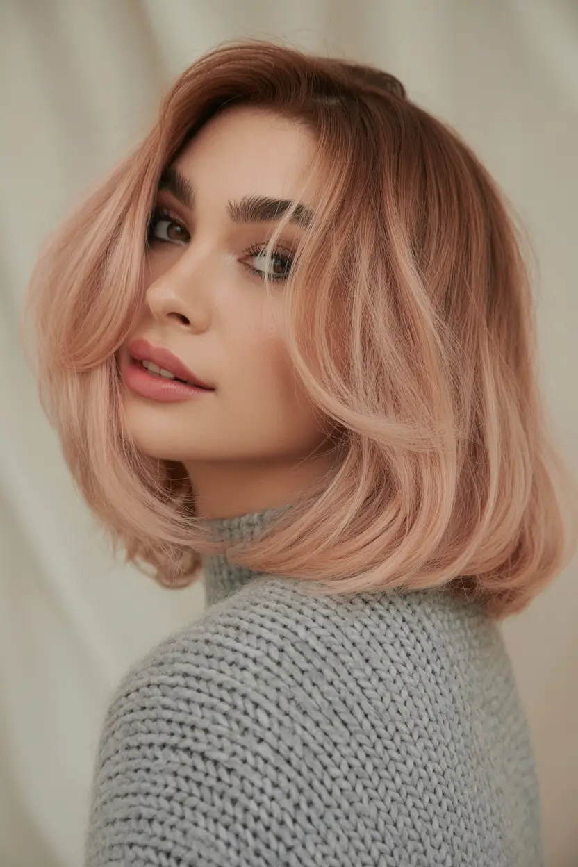 pink hair color Warm Rose-Peach Bob With Cozy Spring Glow