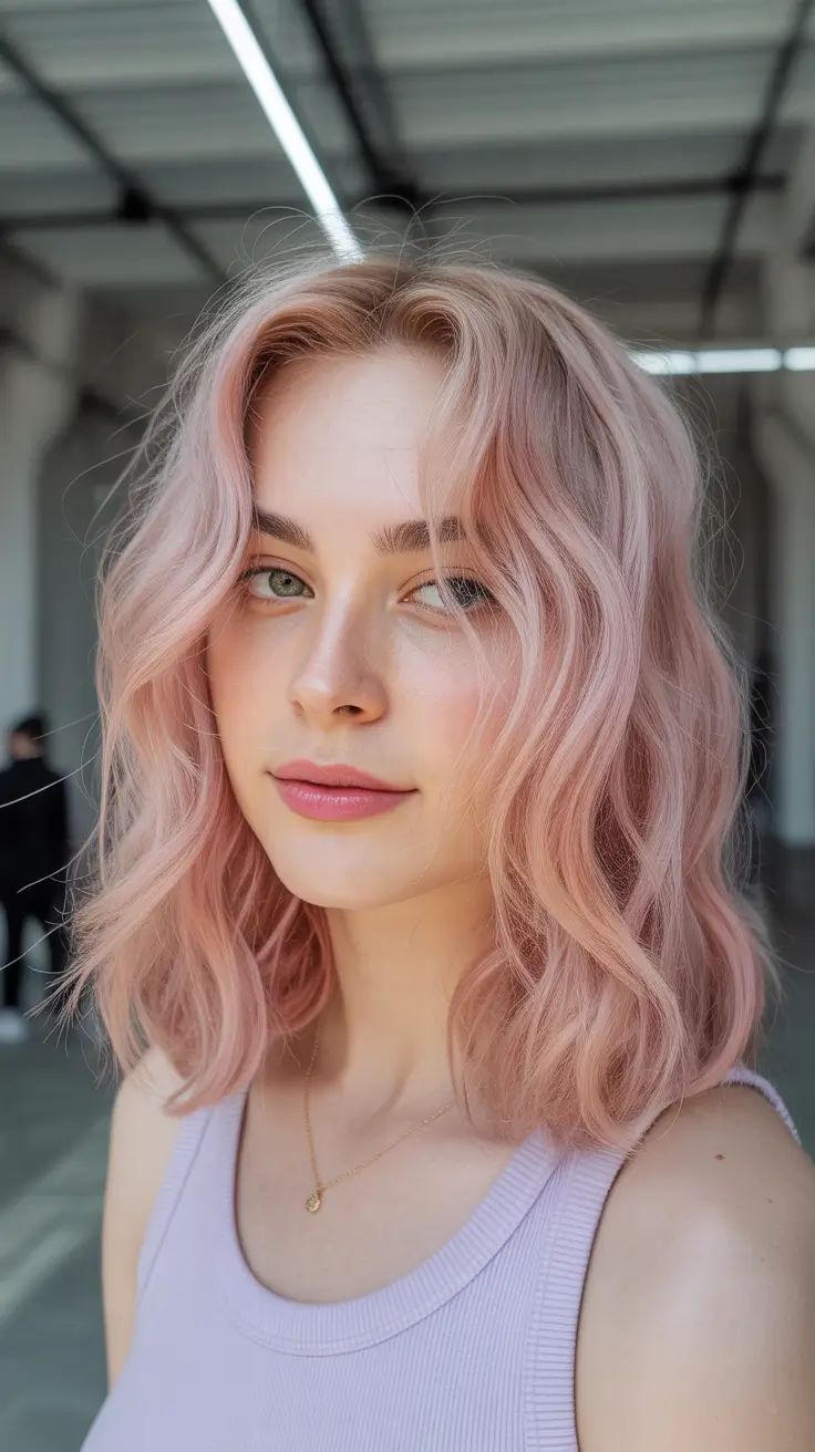 pink hair color Peachy Pastel Medium Waves With Spring Energy