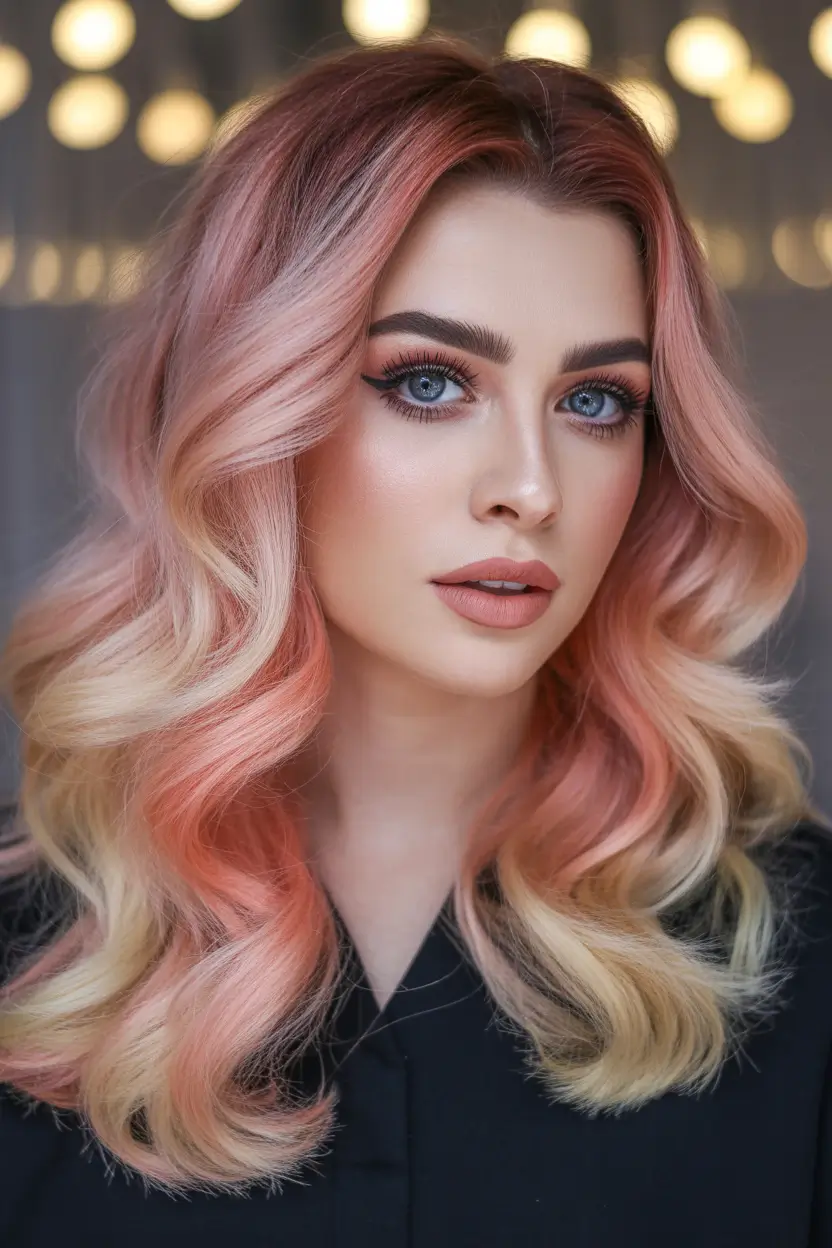 pink hair color Sunlit Coral-Pastel Waves With Soft Blonde Ends