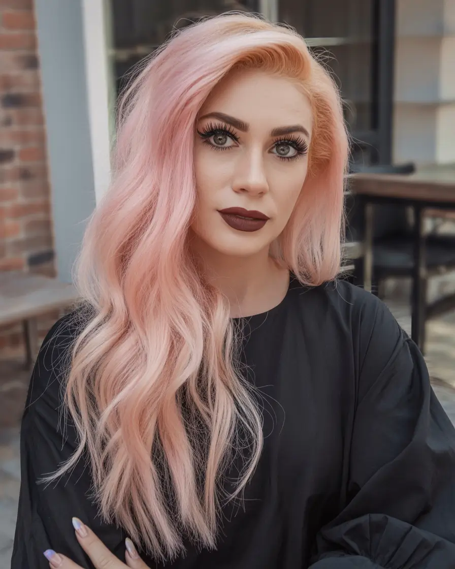 pink hair color Peach-Blush Long Waves With Soft Drama