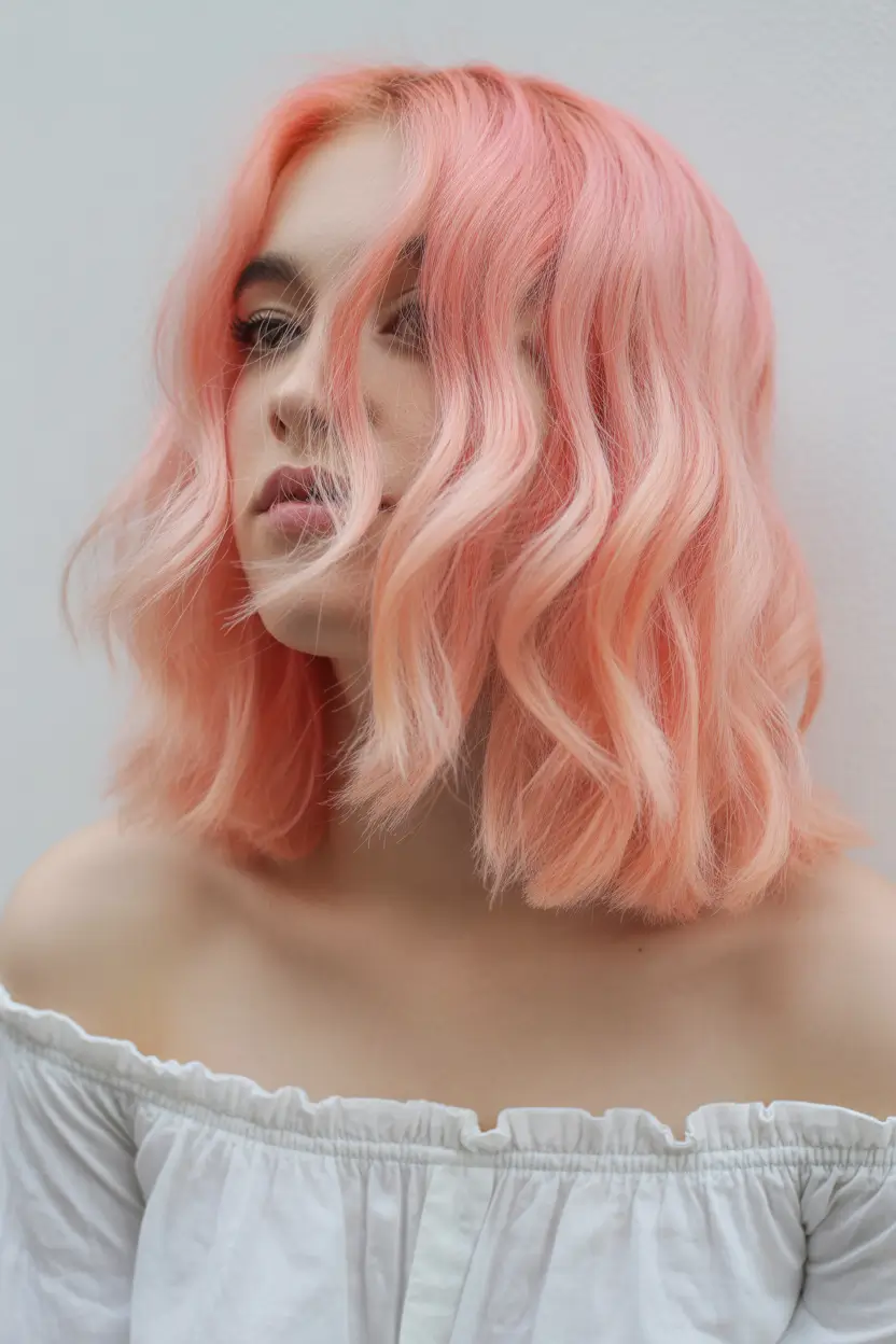 pink hair color Airy Peach-Pink Bob With Sculpted Waves