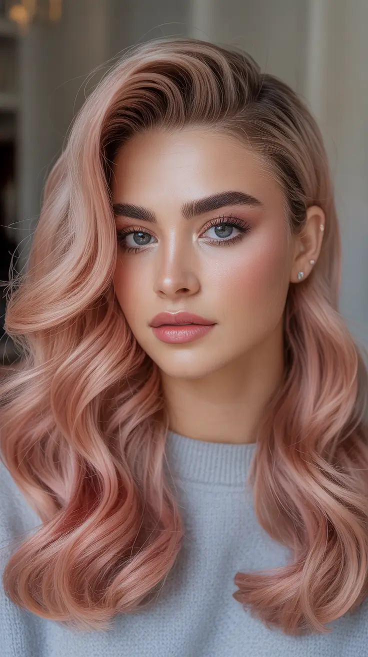 pink hair color Soft Rose Melt With Classic Waves and Subtle Depth