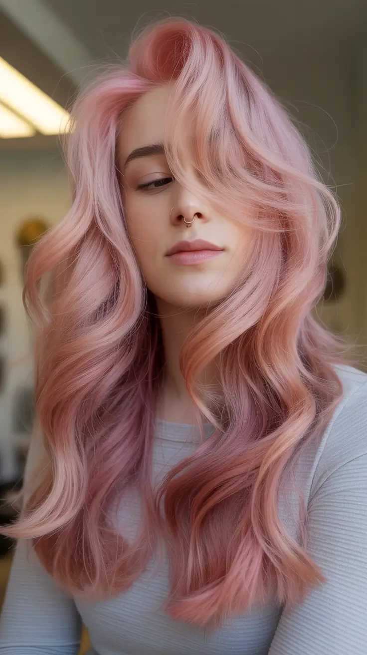 pink hair color Flowing Rose-Pastel Layers With Dimensional Warmth