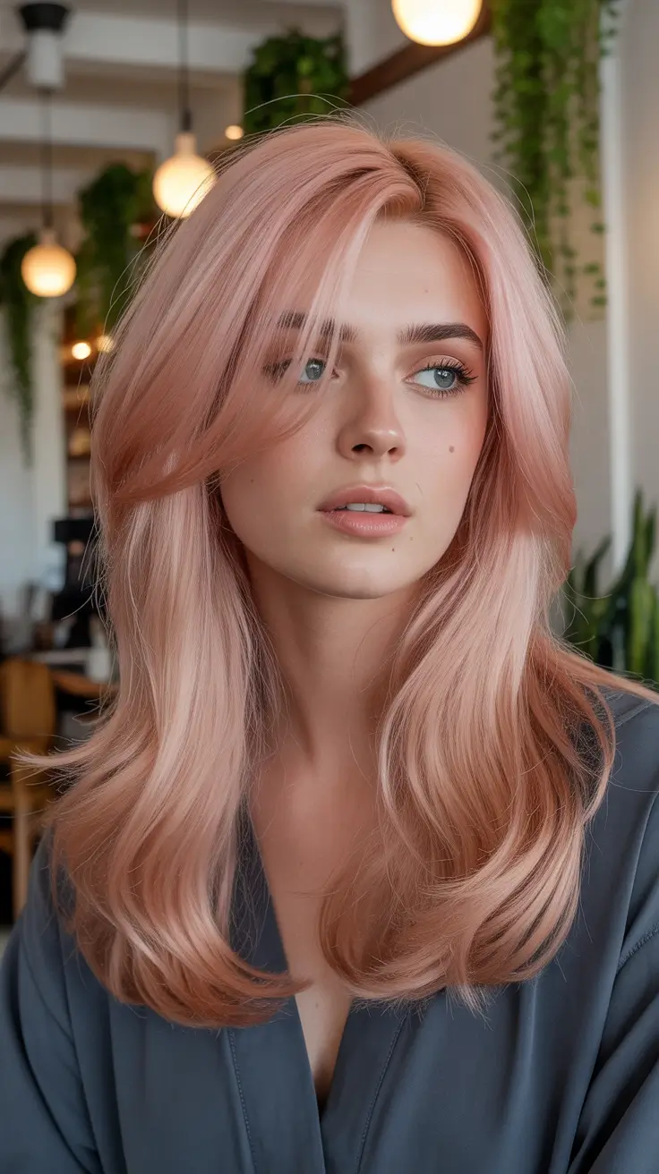 pink hair color Peach-Rose Midlength Blowout With Clean Definition