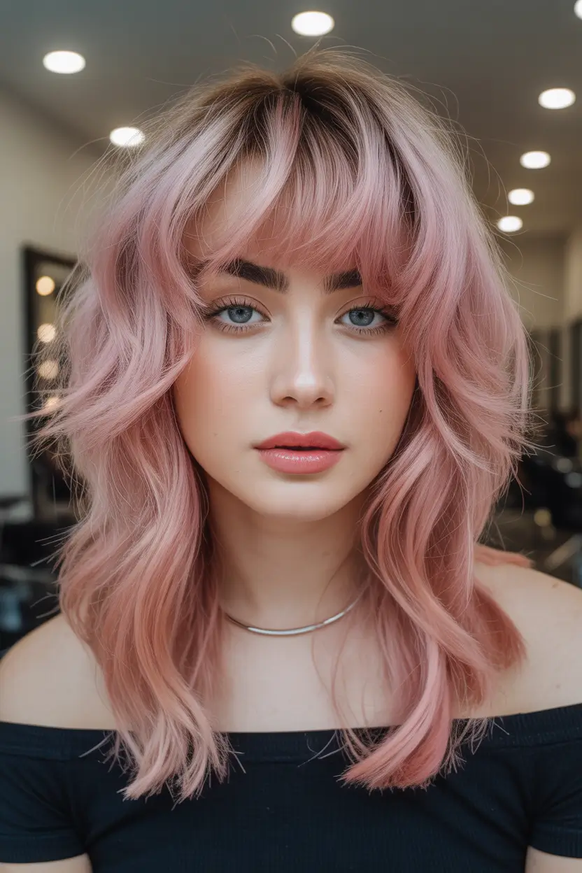 pink hair color Textured Pink Shag With Fluffy Fringe