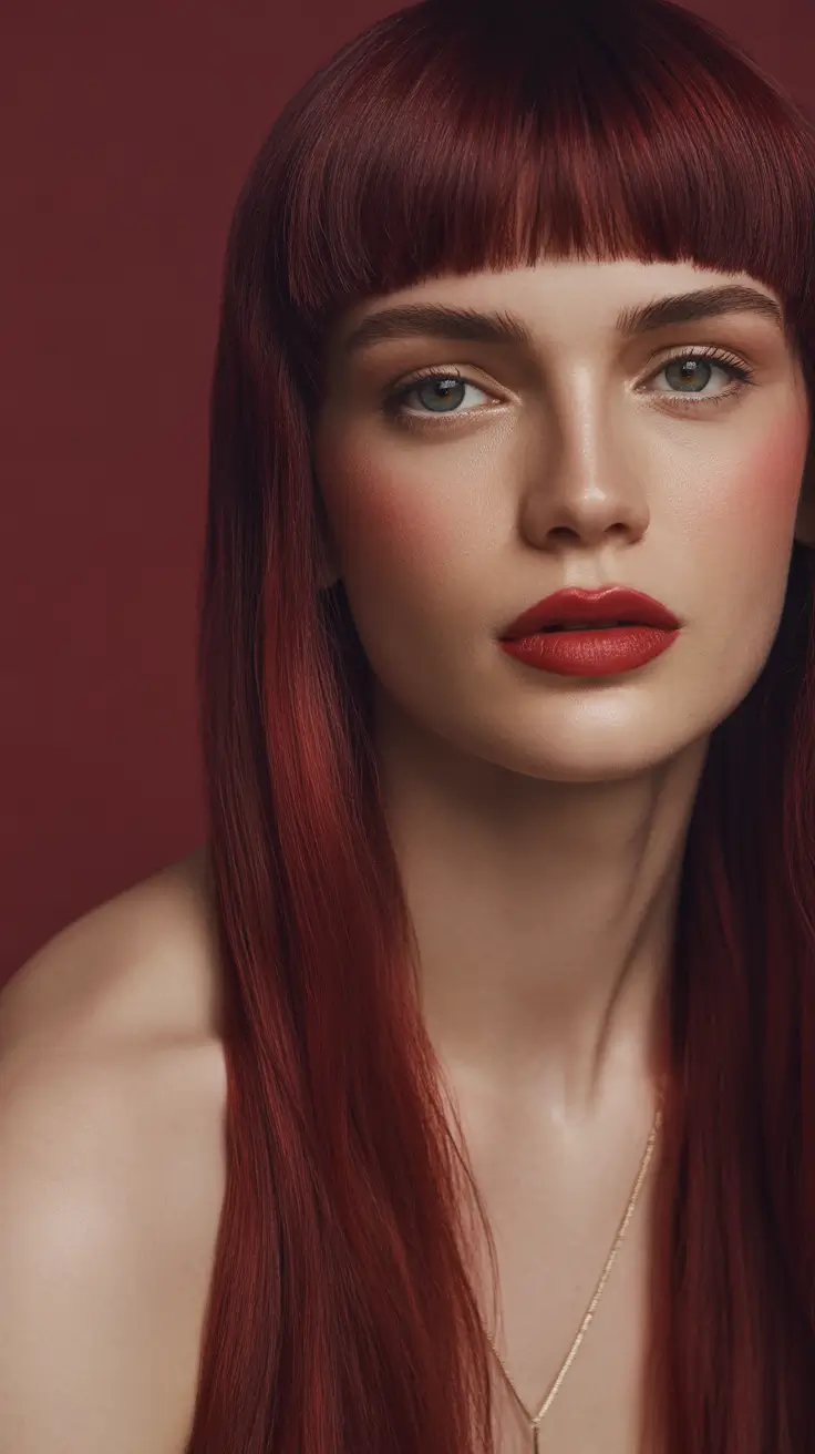 red hair colors Sleek Vintage Burgundy With Micro Fringe
