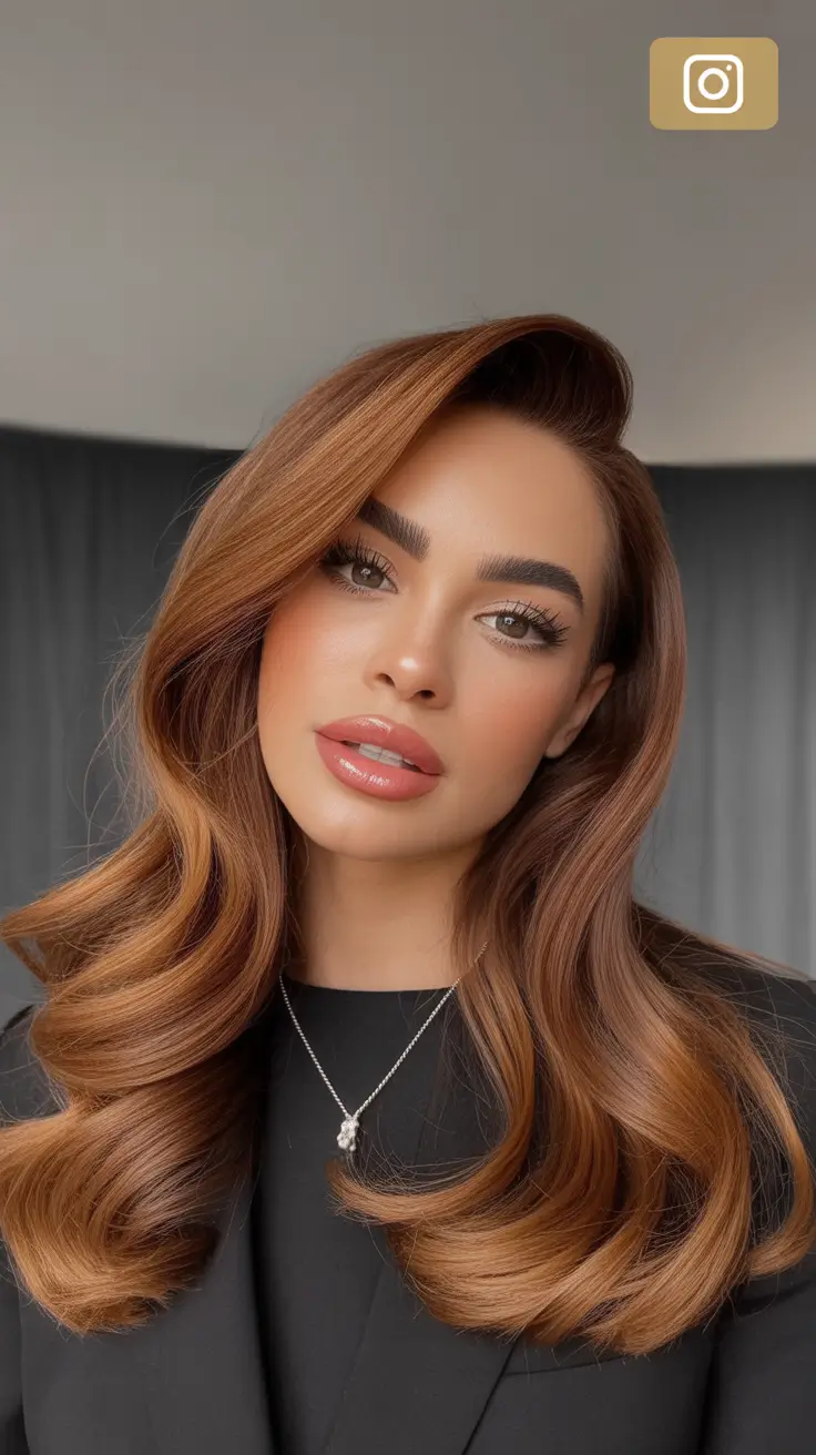 auburn hair color Soft Hazelnut Auburn With Silky Glamour