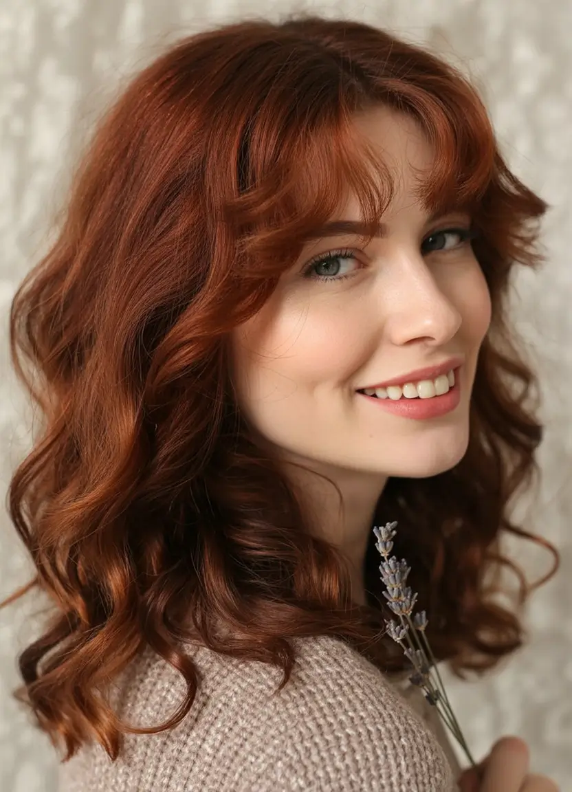 auburn hair color Soft Red Auburn Curls With Delicate Layers