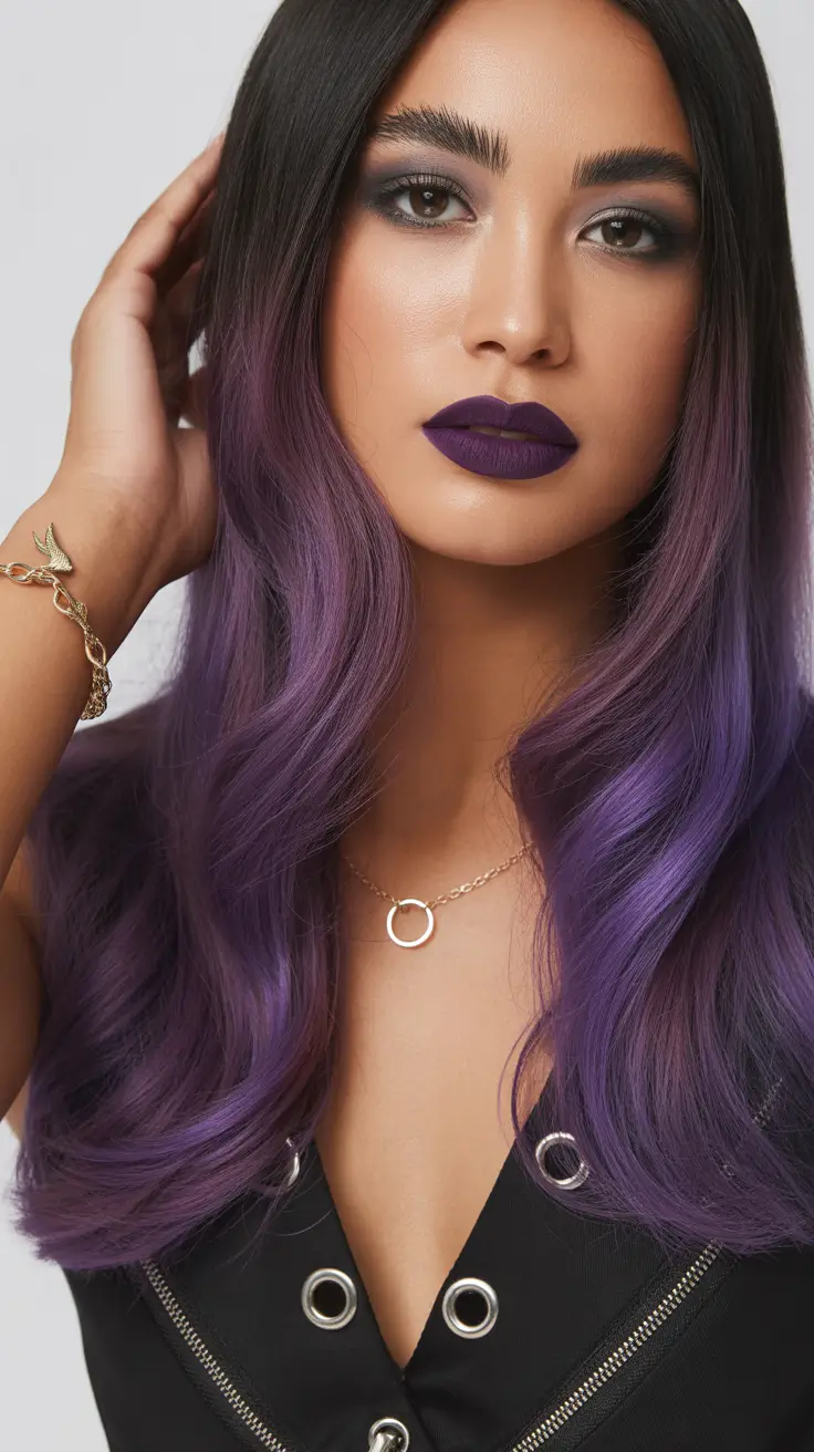 purple hair color Deep Violet Ombre With Smoky Charcoal Roots