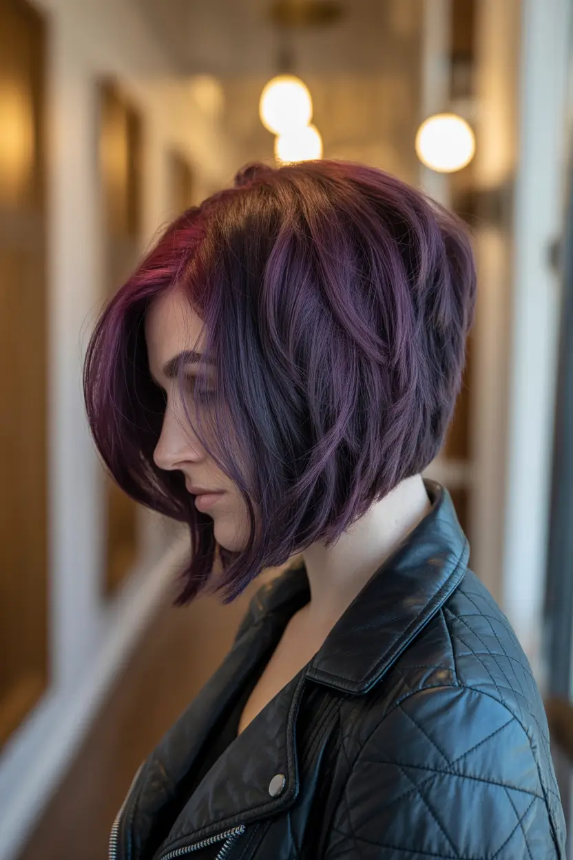 purple hair color Layered Mulberry Bob With Shadowed Depth
