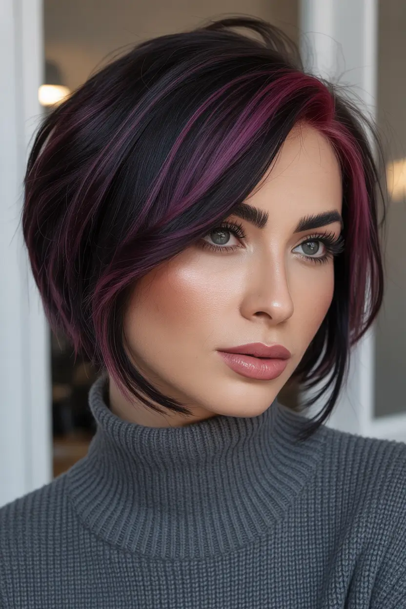 purple hair color Blackberry Streaked Bob With Bold Face-Framing Ribbons