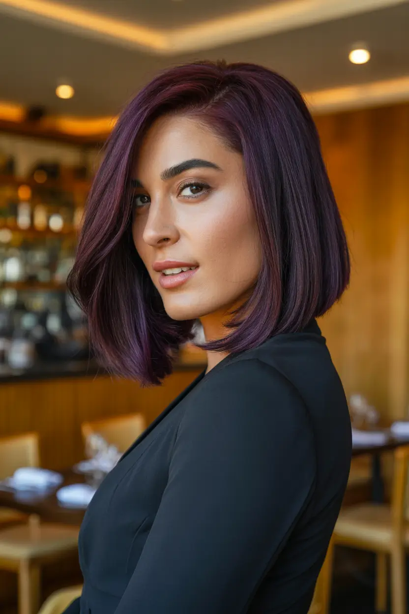 purple hair color Plum-Toned Sleek Lob With Wine Gloss Finish