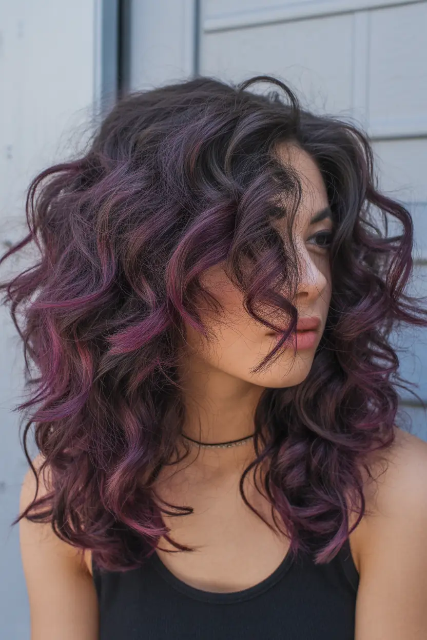 purple hair color Voluminous Merlot Curls With Ultra-Dimensional Accents