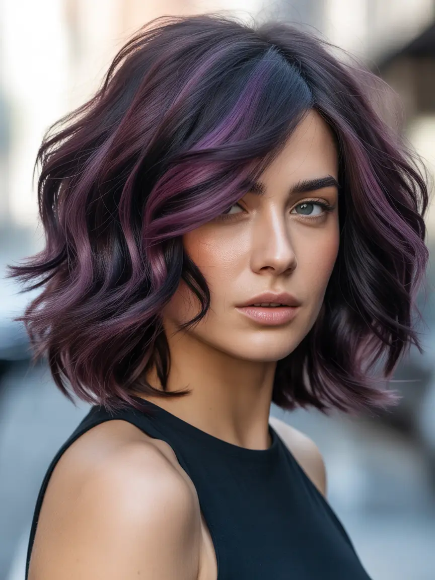 purple hair color Smoky Violet Shag Bob With Airy Texture and Lift