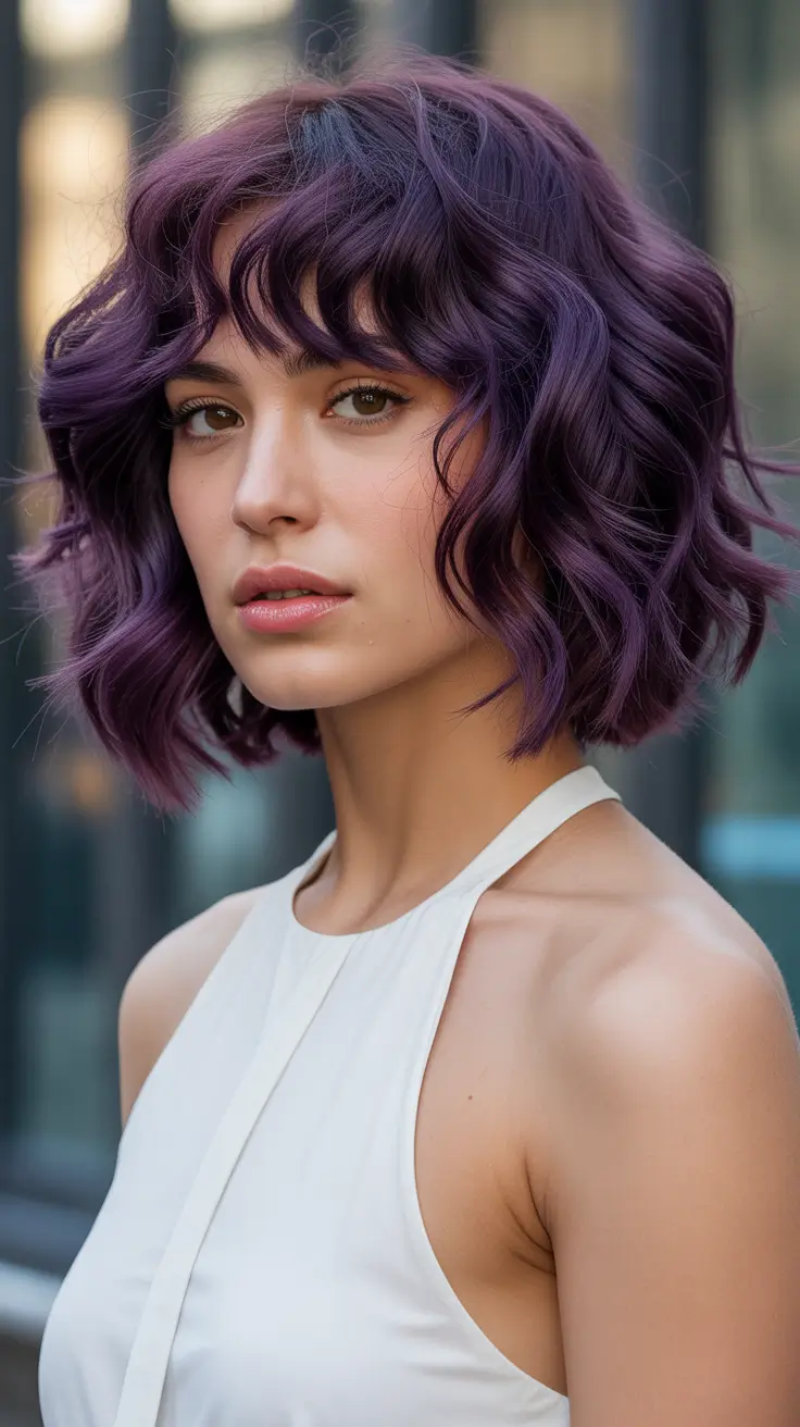 purple hair color Curled Violet Bob With Soft Fringe and Urban Glow