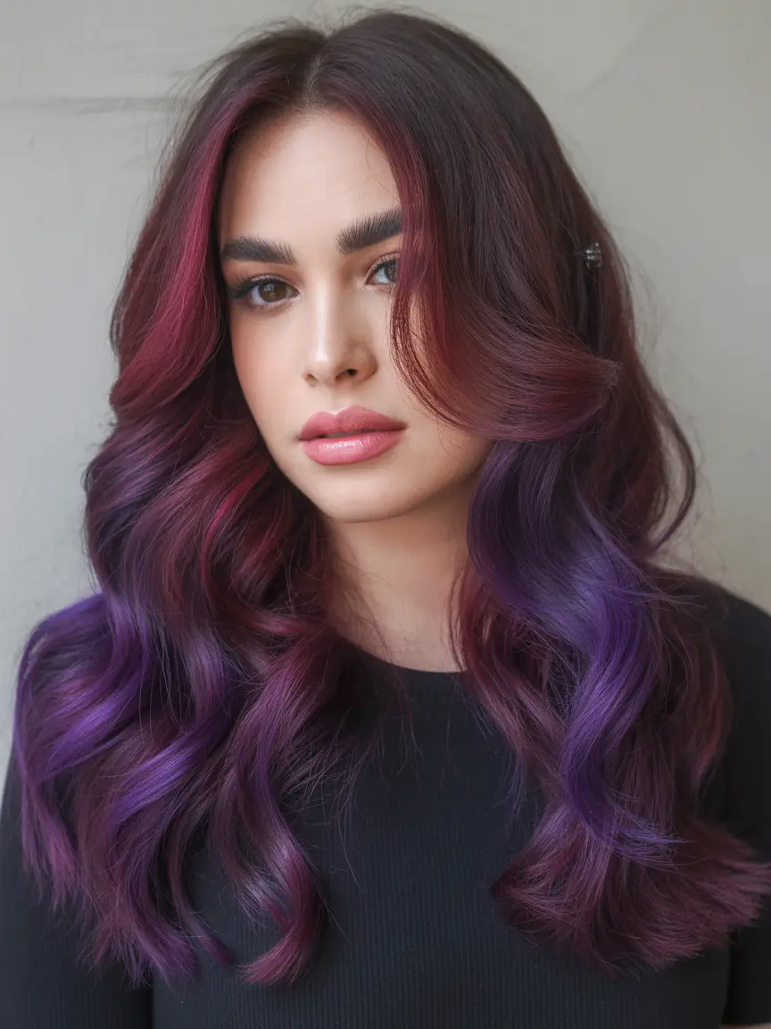 purple hair color Mulberry-Violet Ribbon Balayage With Soft Romantic Volume
