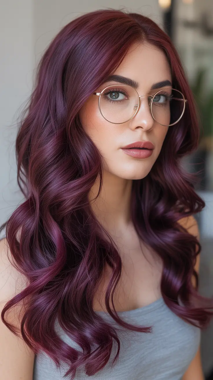 purple hair color Classic Plum Gloss Curls With a Glassy Finish