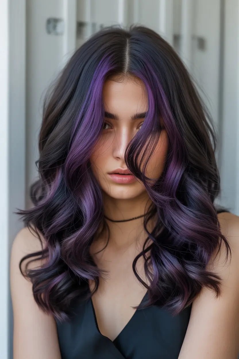 purple hair color Shadowed Violet Contour Waves With Dimensional Lowlights