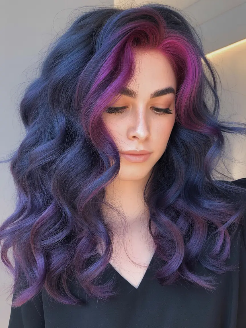 purple hair color Midnight Amethyst Waves With Bold Face Framing
